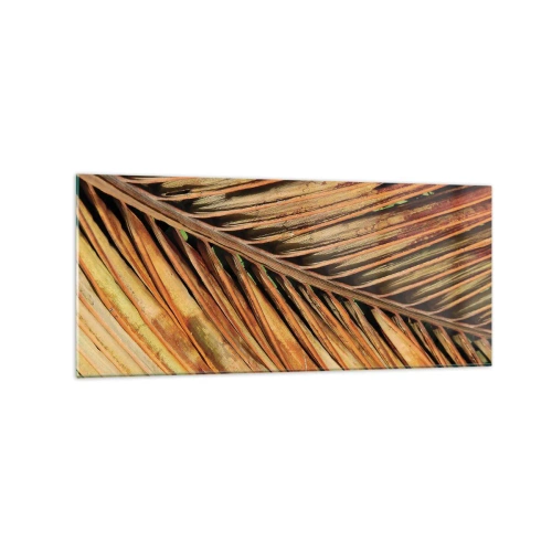 Cuadro sobre vidrio - Impresiones sobre Vidrio - Primer plano de una hoja de palma seca en tonos cálidos. - 120x50cm - Oro de coco - Decoración de pared moderna para salón y dormitorio ARTTOR