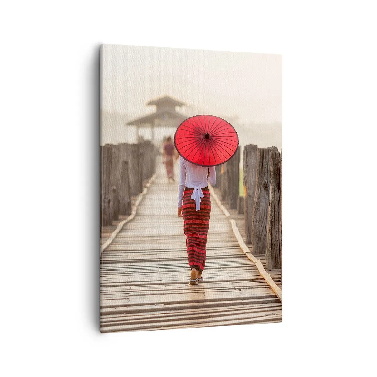Cuadro sobre lienzo - Impresión de Imagen - Una mujer con un paraguas rojo en un puente de madera. - 50x70cm - En un viejo puente - Decoración de pared moderna para salón y dormitorio ARTTOR
