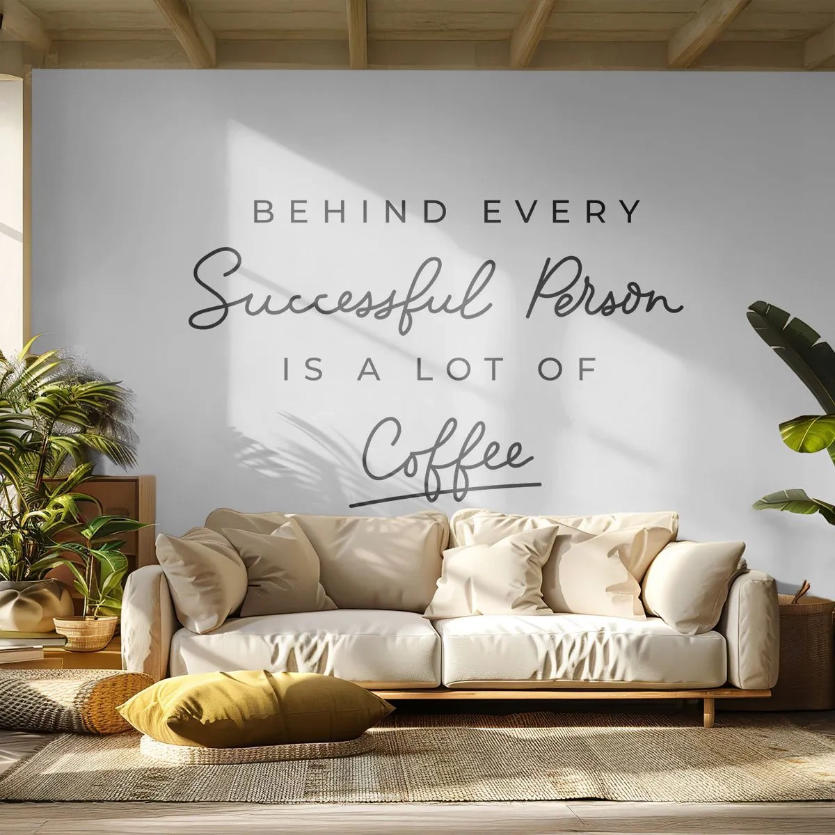 Fotomural Premium Sand - Cita motivacional sobre el éxito y el café sobre un fondo blanco. - 100x70cm - El secreto del éxito - Decoración de pared moderna para salón y dormitorio ARTTOR