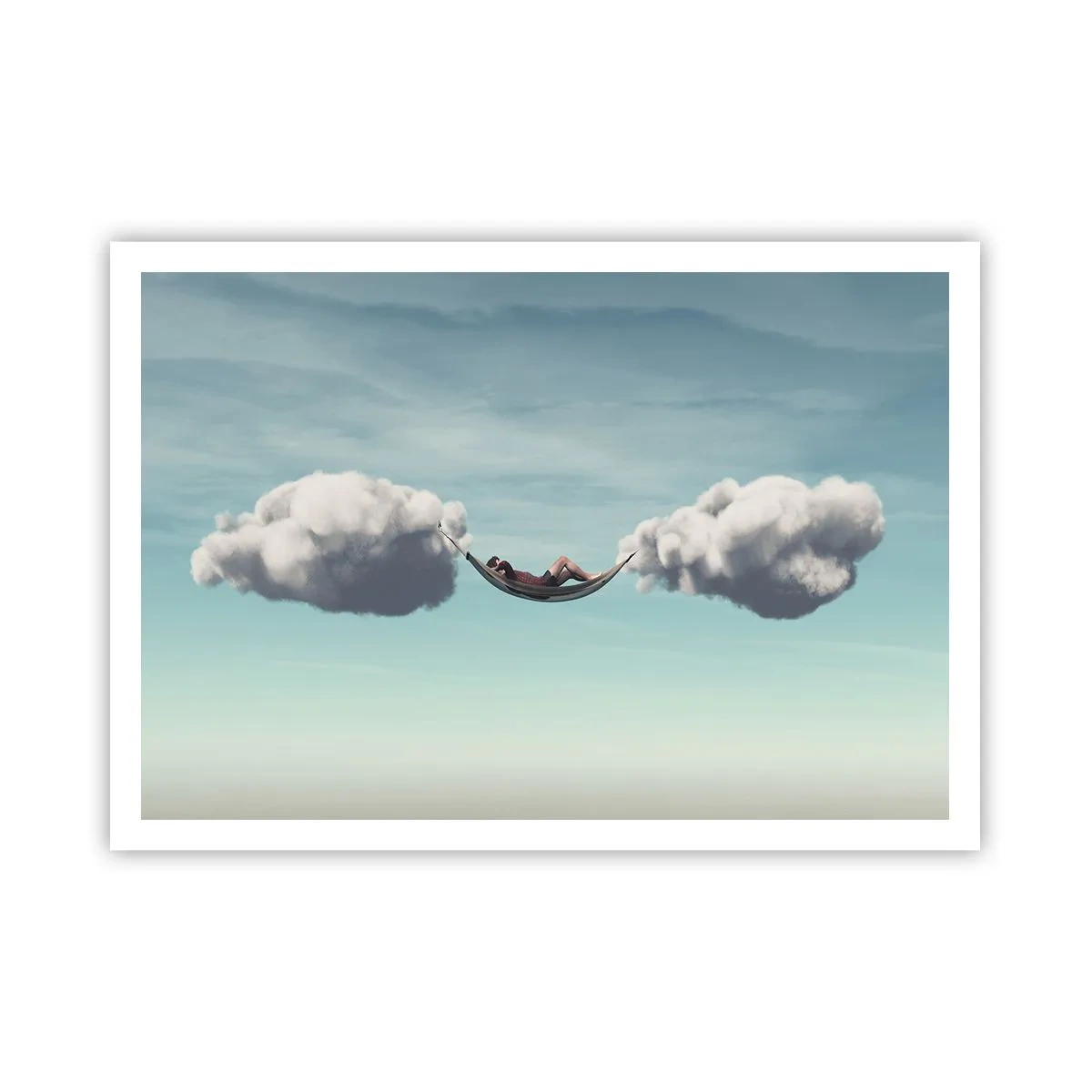 Póster - Una persona relajándose en una hamaca suspendida en las nubes. - 100x70cm - La felicidad del momento - Decoración de pared moderna para salón y dormitorio ARTTOR