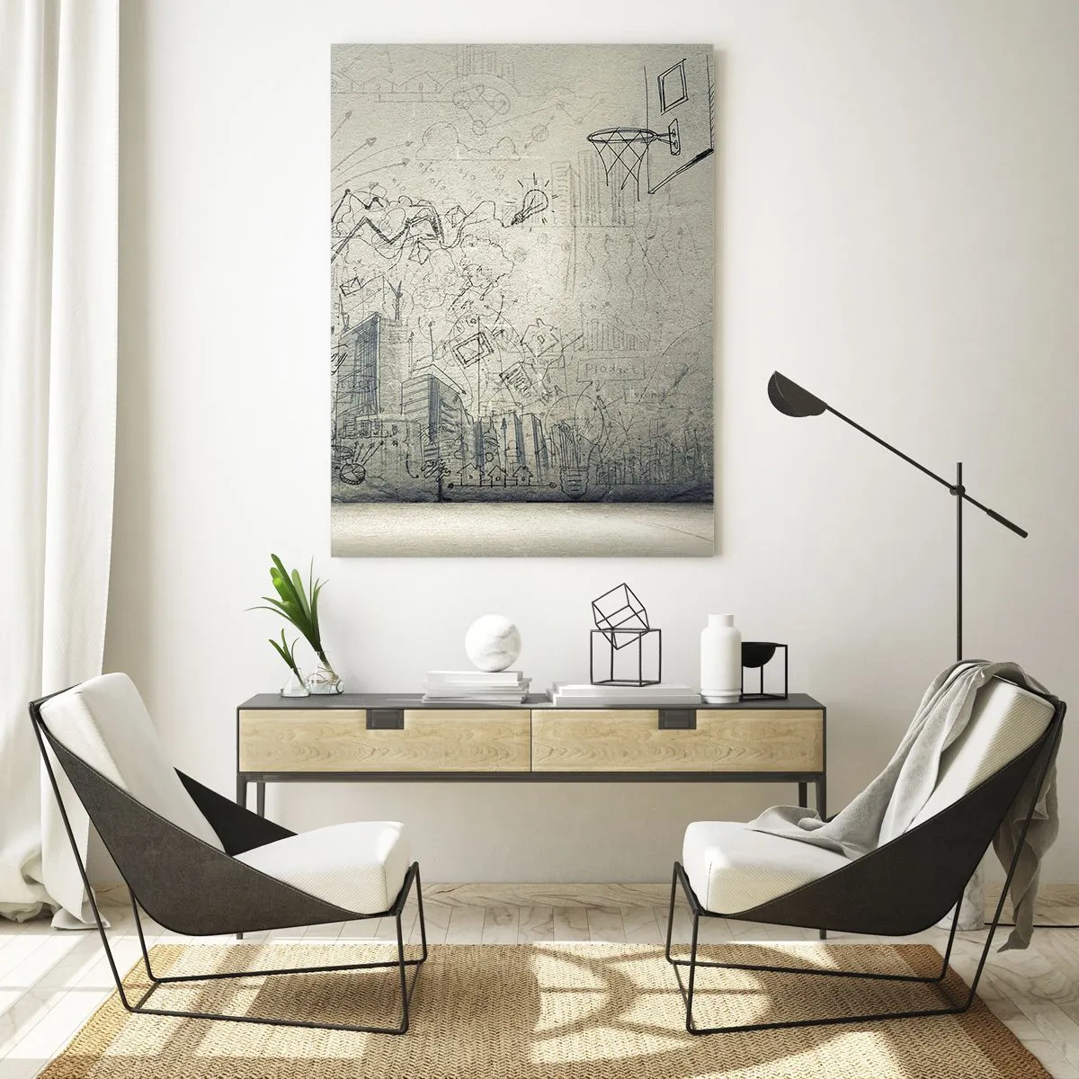 Cuadro sobre vidrio - Impresiones sobre Vidrio - Dibujos y diagramas sobre el fondo de una pared en bruto. - 70x100cm - Mi gloriosa vida en la ciudad - Decoración de pared moderna para salón y dormitorio ARTTOR