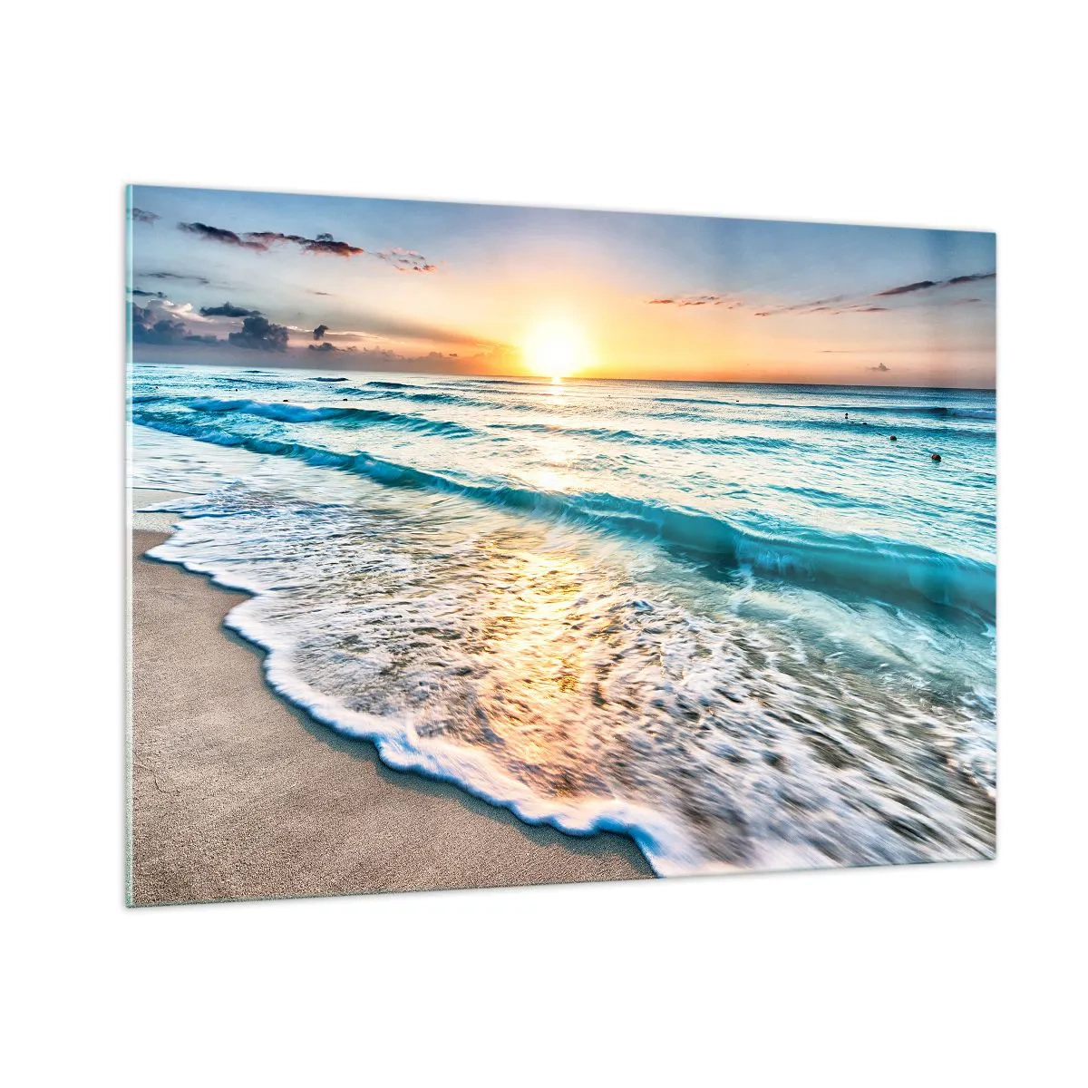 Cuadro sobre vidrio - Impresiones sobre Vidrio - Playa por la mañana con olas y amanecer. - 100x70cm - Un espectáculo digno de ver - Decoración de pared moderna para salón y dormitorio ARTTOR