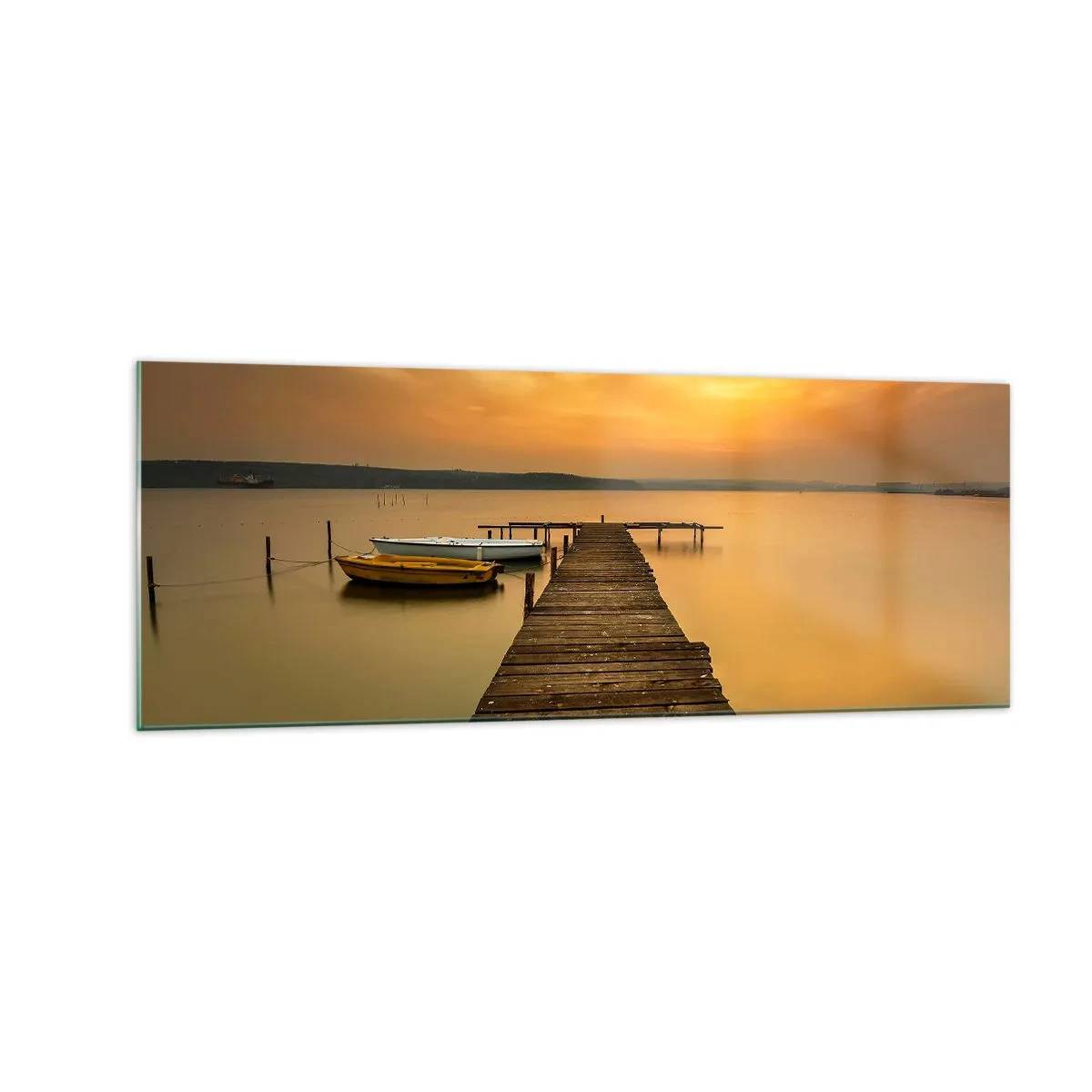 Cuadro sobre vidrio - Impresiones sobre Vidrio - Muelle de madera y barcos en el lago al atardecer - 140x50cm - Abriré el cielo dorado para ti - Decoración de pared moderna para salón y dormitorio ARTTOR