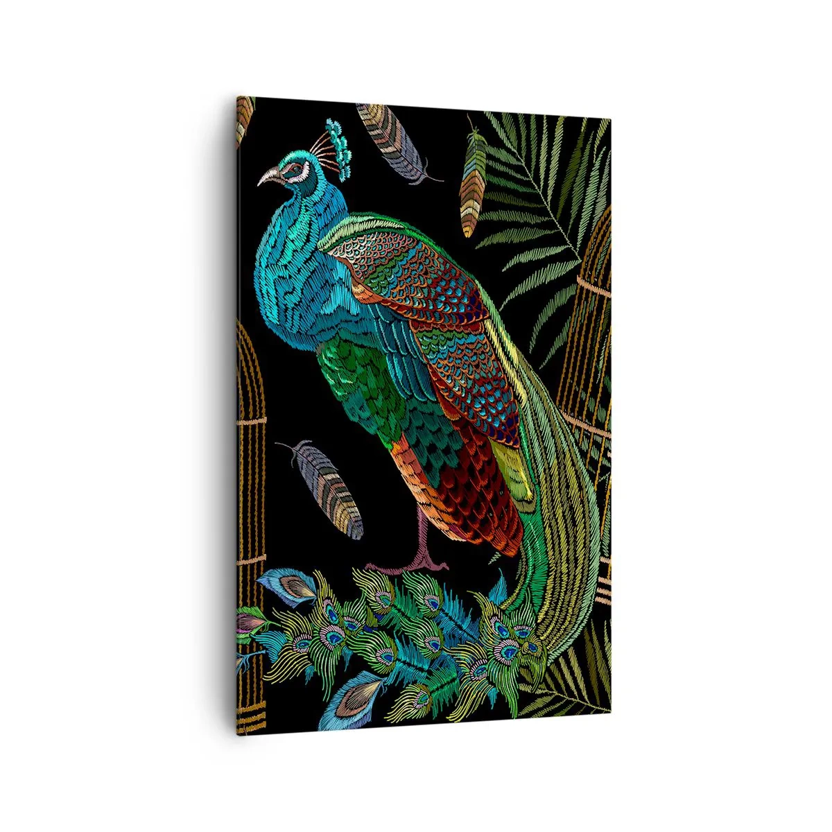 Cuadro sobre lienzo - Impresión de Imagen - Pavos reales junto a una jaula dorada sobre un fondo negro - 80x120cm - Con plumajes reales - Decoración de pared moderna para salón y dormitorio ARTTOR