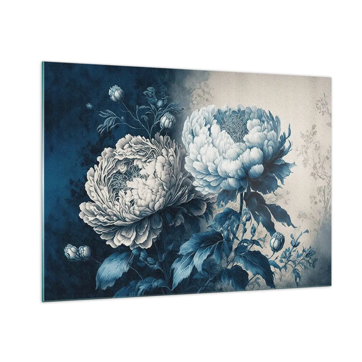 Cuadro sobre vidrio - Impresiones sobre Vidrio - Peonías bicolor en tonos azules y beige sobre un fondo vintage. - 100x70cm - Una pareja unida - Decoración de pared moderna para salón y dormitorio ARTTOR