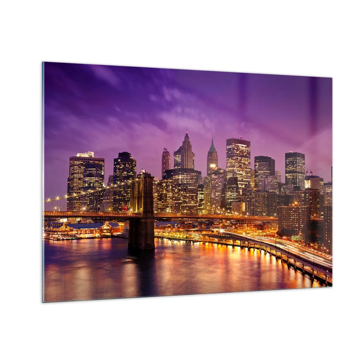 Cuadro sobre vidrio - Impresiones sobre Vidrio - Vista nocturna de Nueva York con el puente de Brooklyn - 100x70cm - Manhattan púrpura y dorado - Decoración de pared moderna para salón y dormitorio ARTTOR