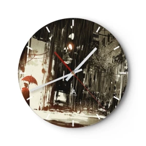 Reloj de pared - Reloj de vidrio - Una escena con un paraguas contra una calle lluviosa. - 30x30cm - Poesía de un paraguas rojo - Decoración de pared moderna para salón, cocina y dormitorio ARTTOR