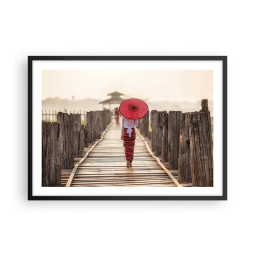 Póster en marco negro - Una mujer con un paraguas rojo en un puente de madera. - 70x50cm - En un viejo puente - Decoración de pared moderna para salón y dormitorio ARTTOR
