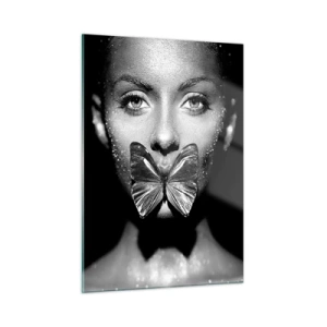 Cuadro sobre vidrio - Impresiones sobre Vidrio - Retrato de una mujer con una mariposa en los labios en blanco y negro - 50x70cm - Beso de mariposa - Decoración de pared moderna para salón y dormitorio ARTTOR