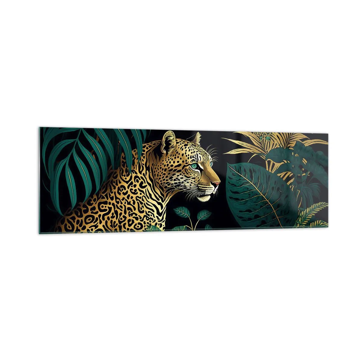 Cuadro sobre vidrio - Impresiones sobre Vidrio - Leopardo en hojas tropicales sobre un fondo negro - 160x50cm - El anfitrión en la jungla - Decoración de pared moderna para salón y dormitorio ARTTOR