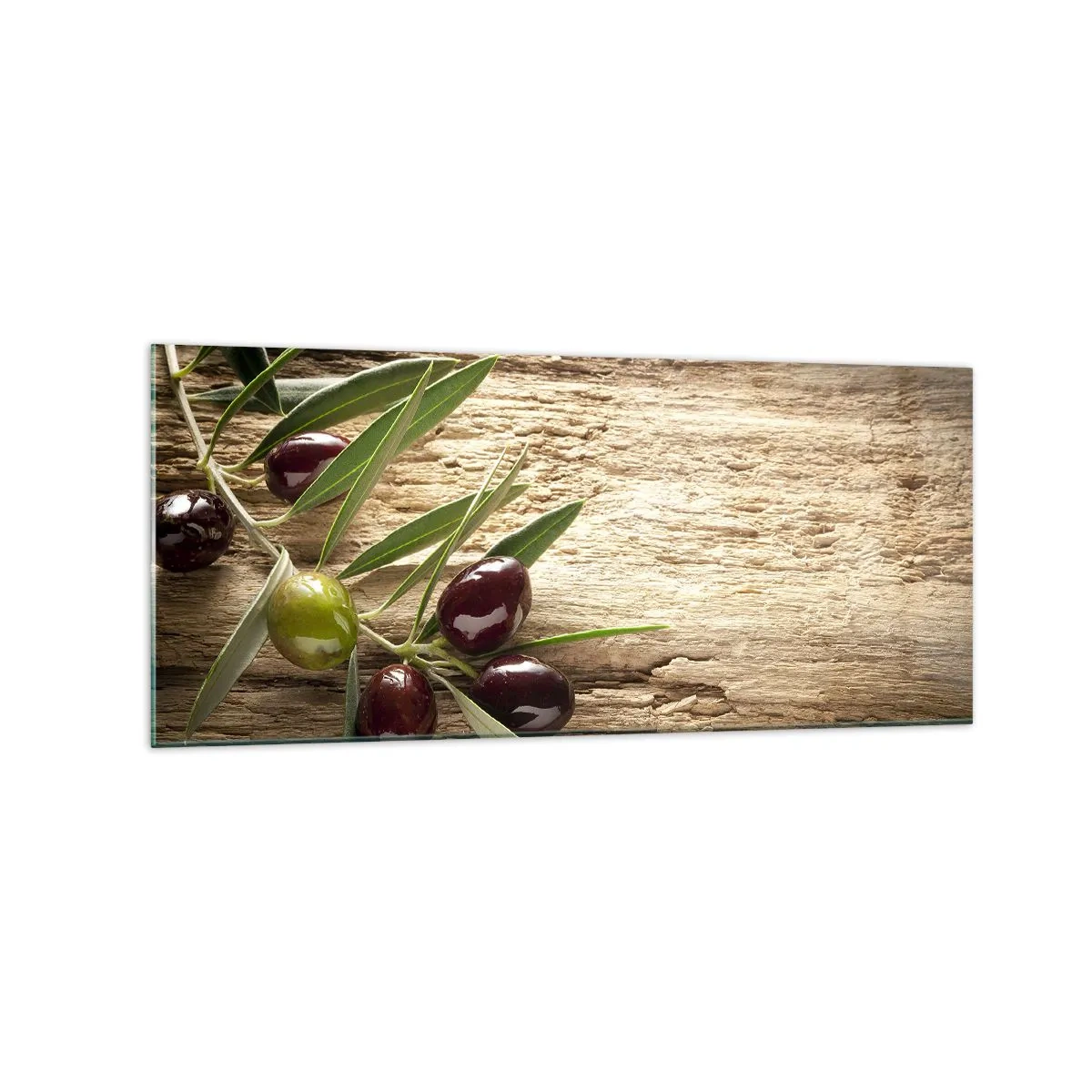 Cuadro sobre vidrio - Impresiones sobre Vidrio - Rama de olivo con fruta sobre un fondo de madera envejecida - 120x50cm - Directamente de la naturaleza - Decoración de pared moderna para salón y dormitorio ARTTOR