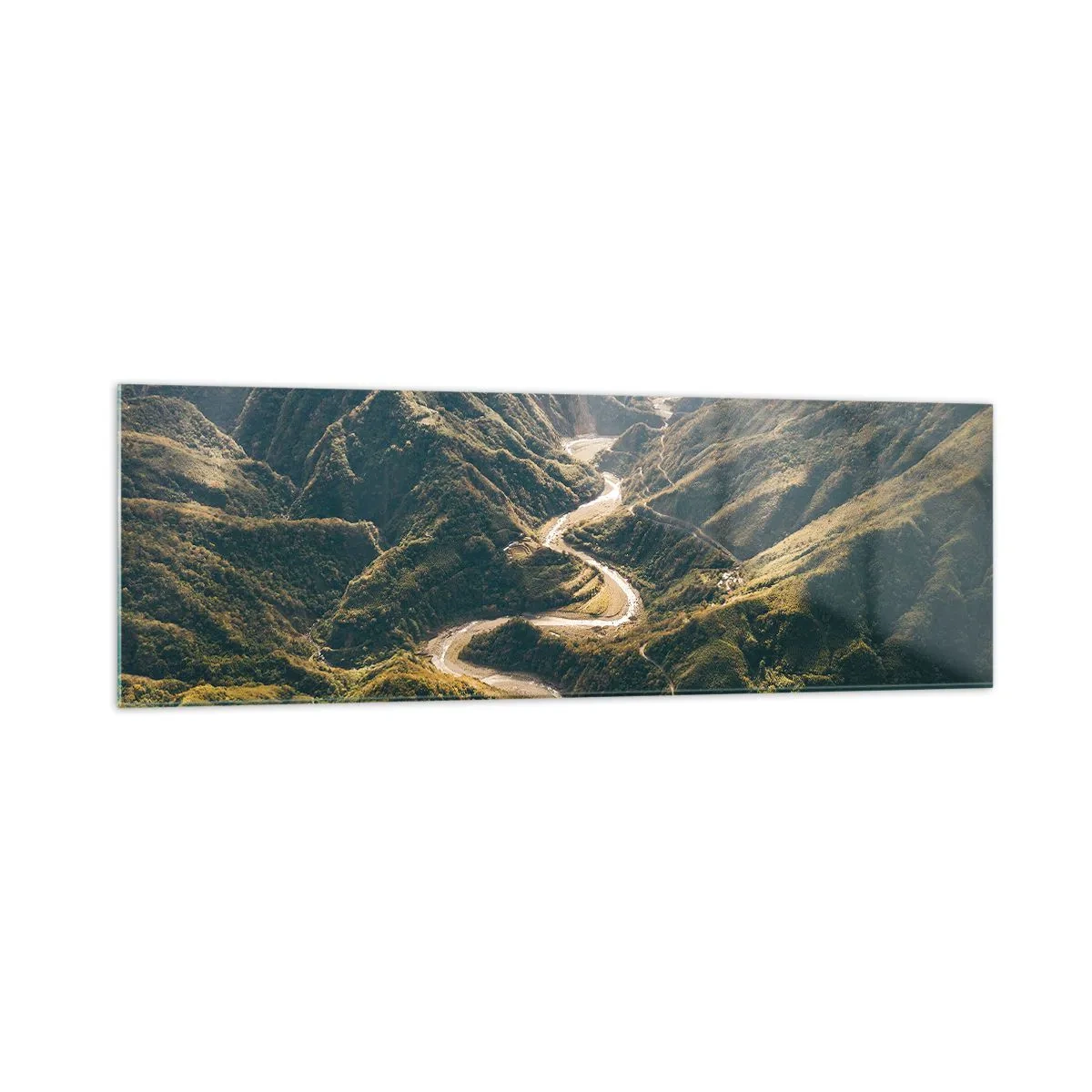 Cuadro sobre vidrio - Impresiones sobre Vidrio - Un paisaje de montaña con un camino sinuoso entre colinas verdes. - 160x50cm - Directamente desde el corazón de las montañas - Decoración de pared moderna para salón y dormitorio ARTTOR