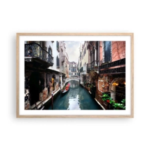 Póster en marco roble claro - Paisaje veneciano con góndola y puente - 70x50 cm