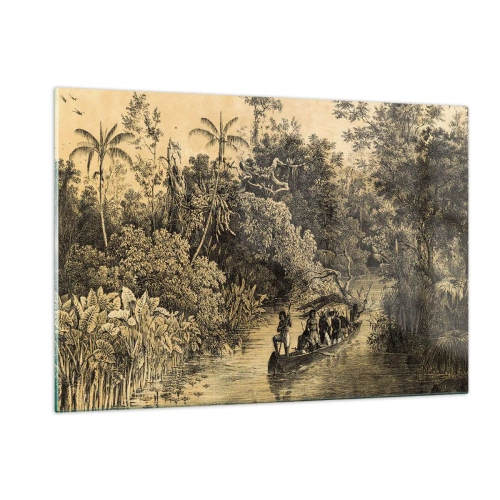 Cuadro sobre vidrio - Impresiones sobre Vidrio - Impresión retro que representa un viaje por la jungla. - 120x80cm - Expedición a la fuente - Decoración de pared moderna para salón y dormitorio ARTTOR