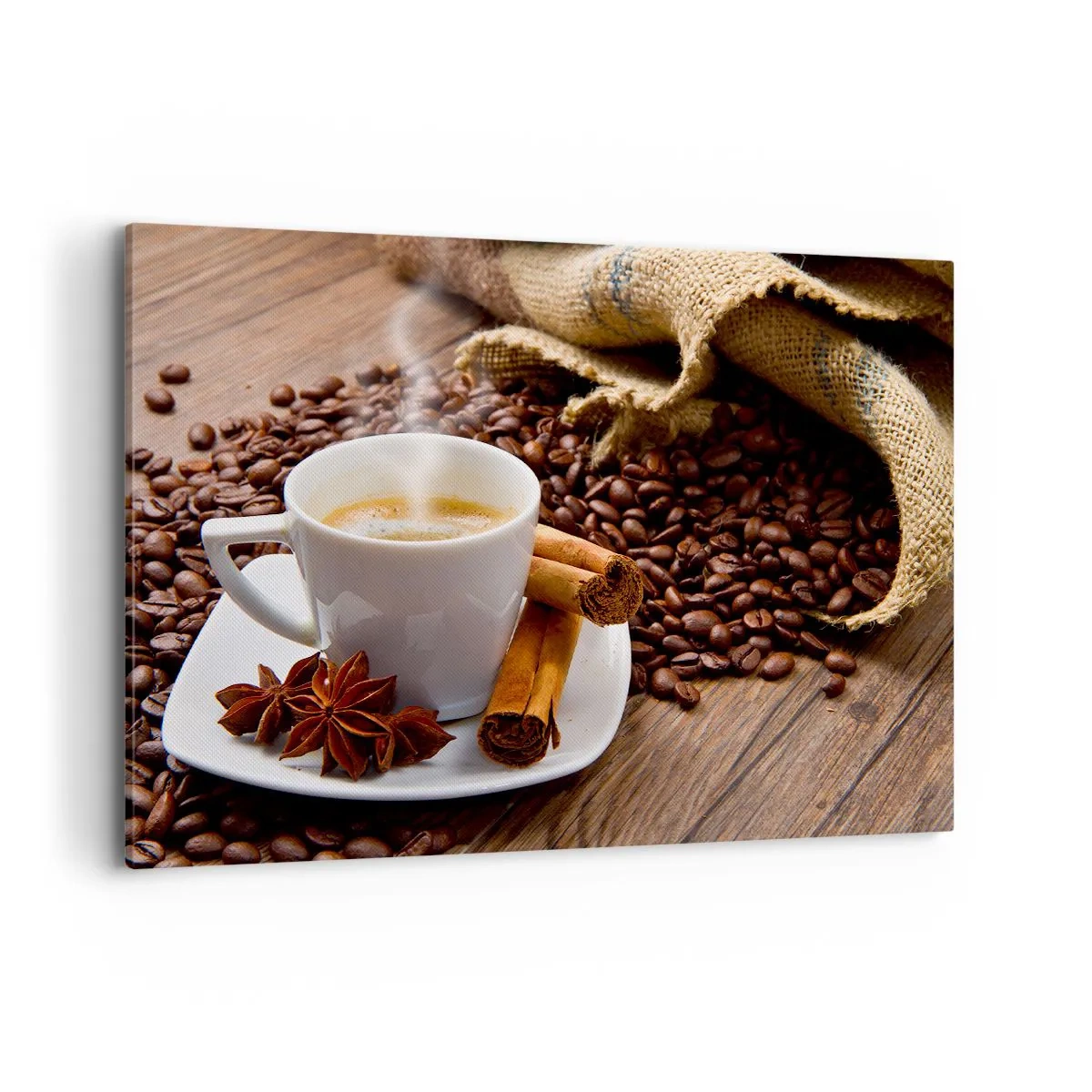 Cuadro sobre lienzo - Impresión de Imagen - Una taza de café con canela y anís sobre un fondo de granos de café. - 100x70cm - Sabor y aroma picante - Decoración de pared moderna para salón y dormitorio ARTTOR