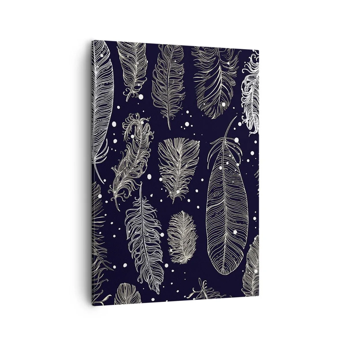 Cuadro sobre lienzo - Impresión de Imagen - Delicadas plumas blancas sobre un fondo azul marino. - 50x70cm - Encaje de plumas - Decoración de pared moderna para salón y dormitorio ARTTOR
