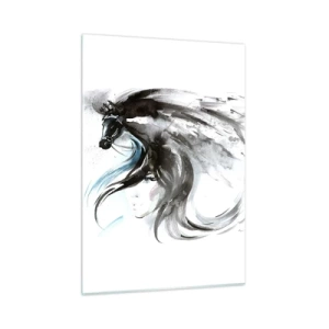 Cuadro sobre vidrio - Impresiones sobre Vidrio - Retrato de una mujer y un caballo en una composición artística y dinámica. - 50x70cm - El galope del Príncipe Negro - Decoración de pared moderna para salón y dormitorio ARTTOR