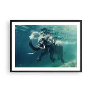Póster en marco negro - Un elefante nadando bajo el agua en las profundidades turquesas. - 70x50cm - A todos nos gusta nadar - Decoración de pared moderna para salón y dormitorio ARTTOR