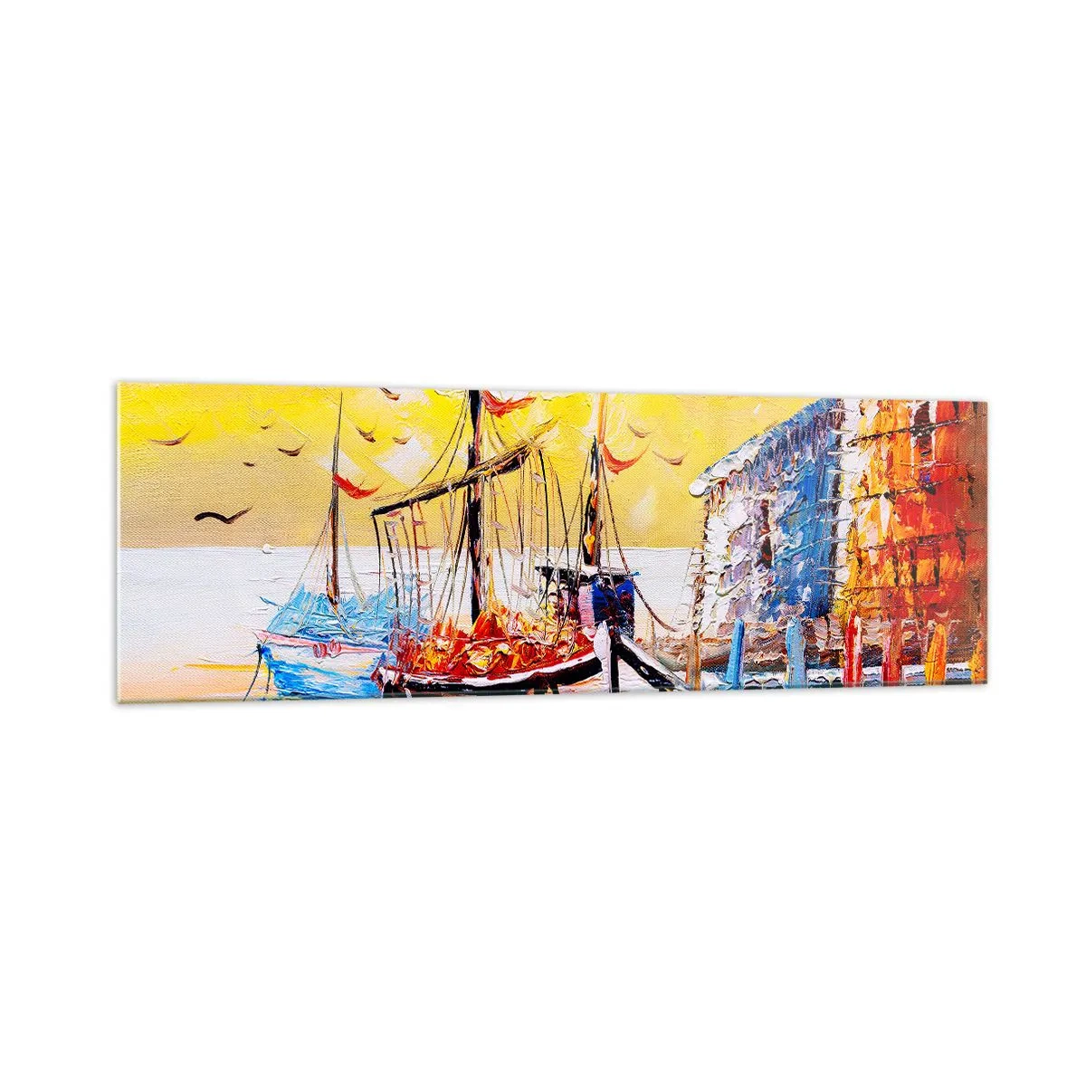 Cuadro sobre vidrio - Impresiones sobre Vidrio - Puerto pintoresco al atardecer con barcos de pesca - 160x50cm - Feliz regreso - Decoración de pared moderna para salón y dormitorio ARTTOR