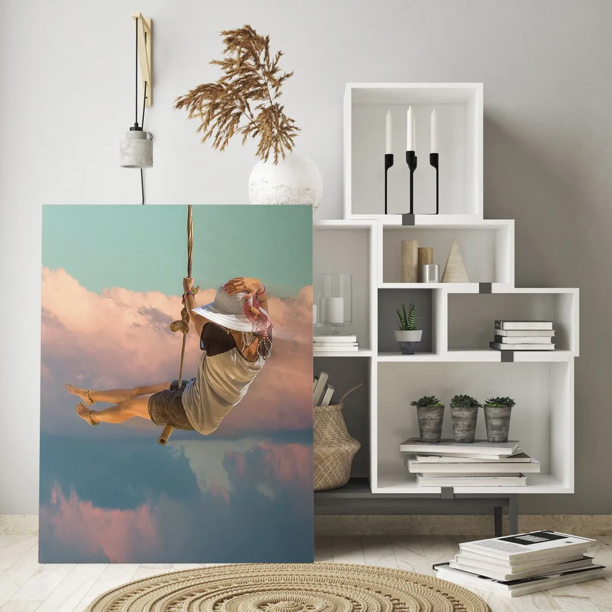 Cuadro sobre vidrio - Impresiones sobre Vidrio - Mujer en un columpio entre nubes rosas - 80x120cm - Jugando en las nubes - Decoración de pared moderna para salón y dormitorio ARTTOR