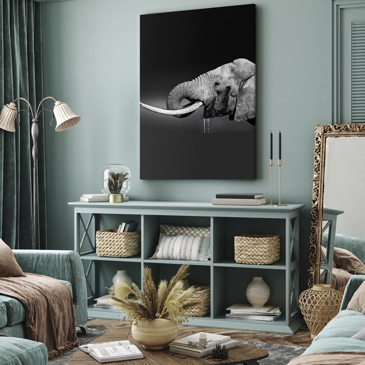 Cuadro sobre lienzo - Impresión de Imagen - Retrato en blanco y negro de un elefante de perfil. - 50x70cm - Majestuoso - Decoración de pared moderna para salón y dormitorio ARTTOR