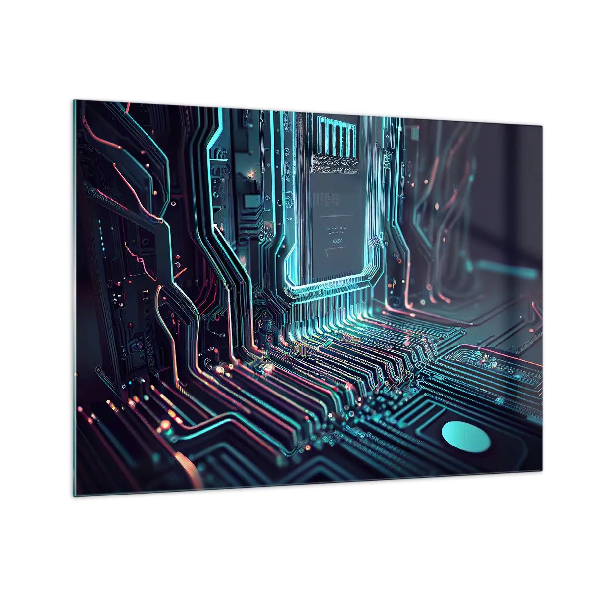 Cuadro sobre vidrio - Impresiones sobre Vidrio - Visualización de neón de las trazas del procesador sobre un fondo negro - 70x50cm - Mi forma de pensar - Decoración de pared moderna para salón y dormitorio ARTTOR