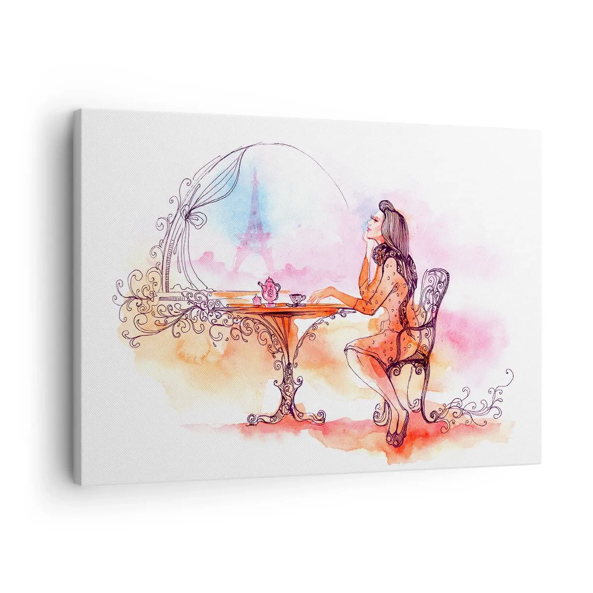 Cuadro sobre lienzo - Impresión de Imagen - Acuarela romántica de una mujer en un café con vistas a una torre. - 70x50cm - Estilo parisino - Decoración de pared moderna para salón y dormitorio ARTTOR
