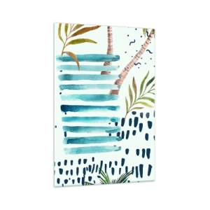 Cuadro sobre vidrio - Impresiones sobre Vidrio - Patrón abstracto con palmeras y acentos náuticos. - 70x100cm - Vacaciones bajo las palmeras - Decoración de pared moderna para salón y dormitorio ARTTOR