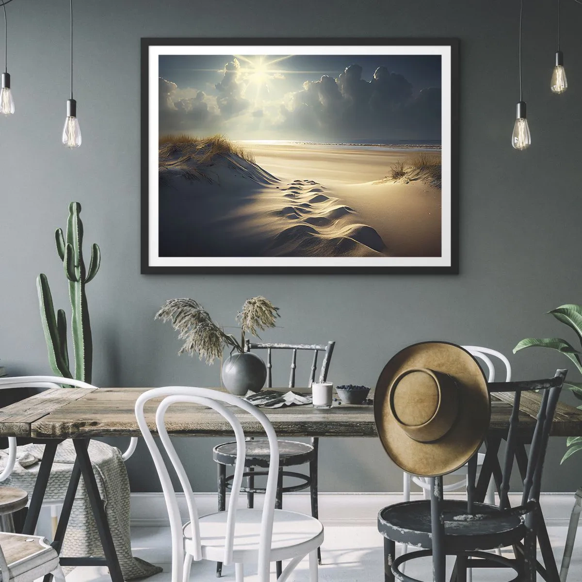 Póster en marco negro - Dunas doradas en la playa al atardecer con vistas al mar - 70x50cm - Paisaje tranquilizador - Decoración de pared moderna para salón y dormitorio ARTTOR