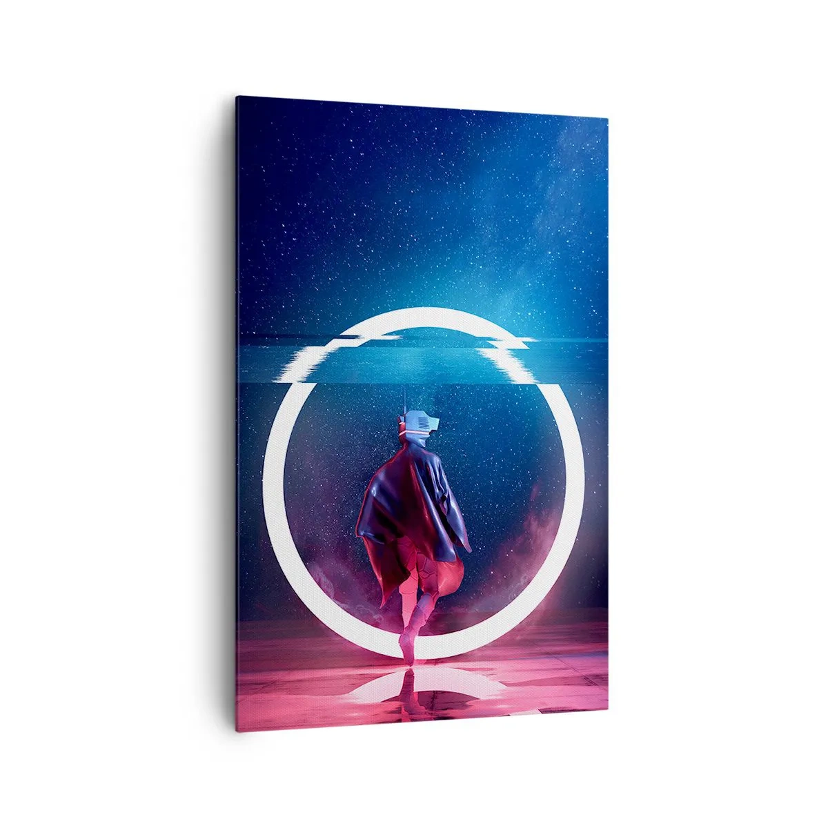 Cuadro sobre lienzo - Impresión de Imagen - Un personaje en un entorno futurista con un círculo de neón. - 80x120cm - Entre mundos - Decoración de pared moderna para salón y dormitorio ARTTOR