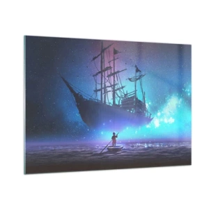 Cuadro sobre vidrio - Impresiones sobre Vidrio - Un barco nocturno flotando sobre el agua en un aura mágica. - 100x70cm - El encuentro con el mito del mar - Decoración de pared moderna para salón y dormitorio ARTTOR