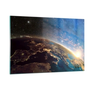 Cuadro sobre vidrio - Impresiones sobre Vidrio - Una vista de la Tierra desde el espacio con el amanecer visible. - 120x80cm - Mirémonos a nosotros mismos desde la distancia - Decoración de pared moderna para salón y dormitorio ARTTOR