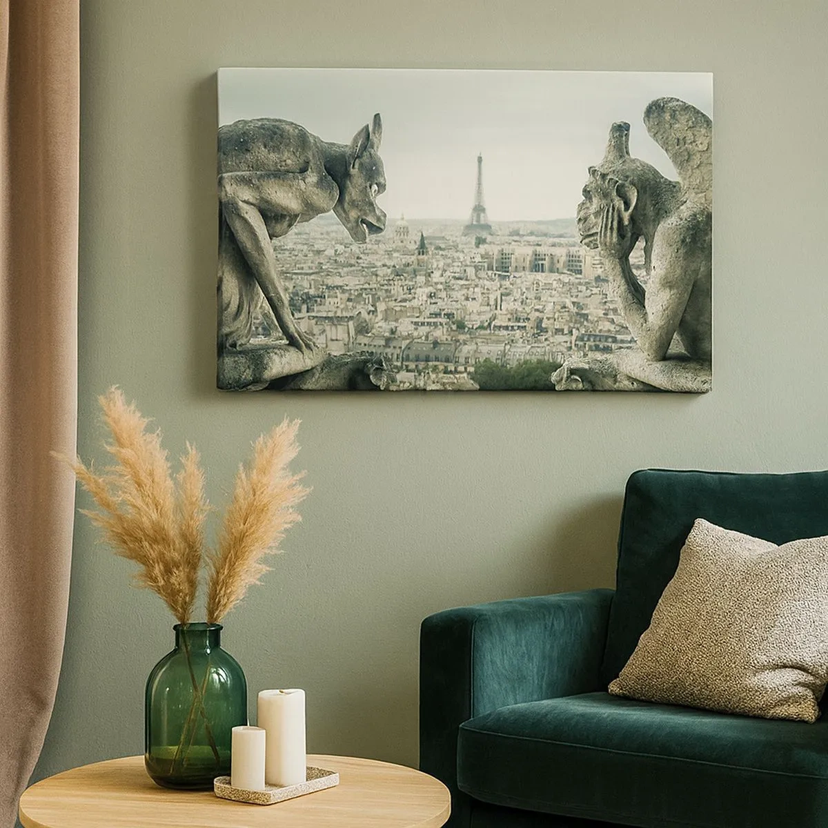 Cuadro sobre lienzo - Impresión de Imagen - Gárgolas con vistas al horizonte de París y a la Torre Eiffel - 70x50cm - Charlas parisinas - Decoración de pared moderna para salón y dormitorio ARTTOR