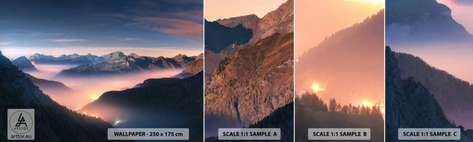 Muestra de fotomural autoadhesivo Deluxe Sticker - Luz en los valles - Paisaje, Montañas, Bosque - 100x30 cm