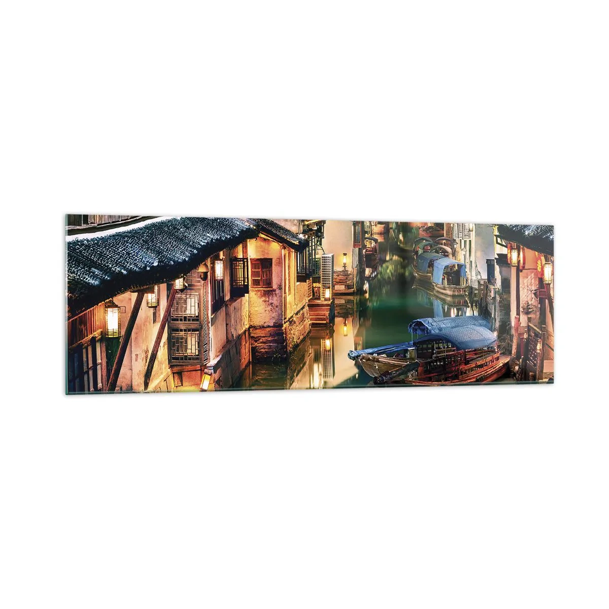 Cuadro sobre vidrio - Impresiones sobre Vidrio - Vista nocturna de los canales con barcos y casas tradicionales. - 160x50cm - Noche en una calle china - Decoración de pared moderna para salón y dormitorio ARTTOR