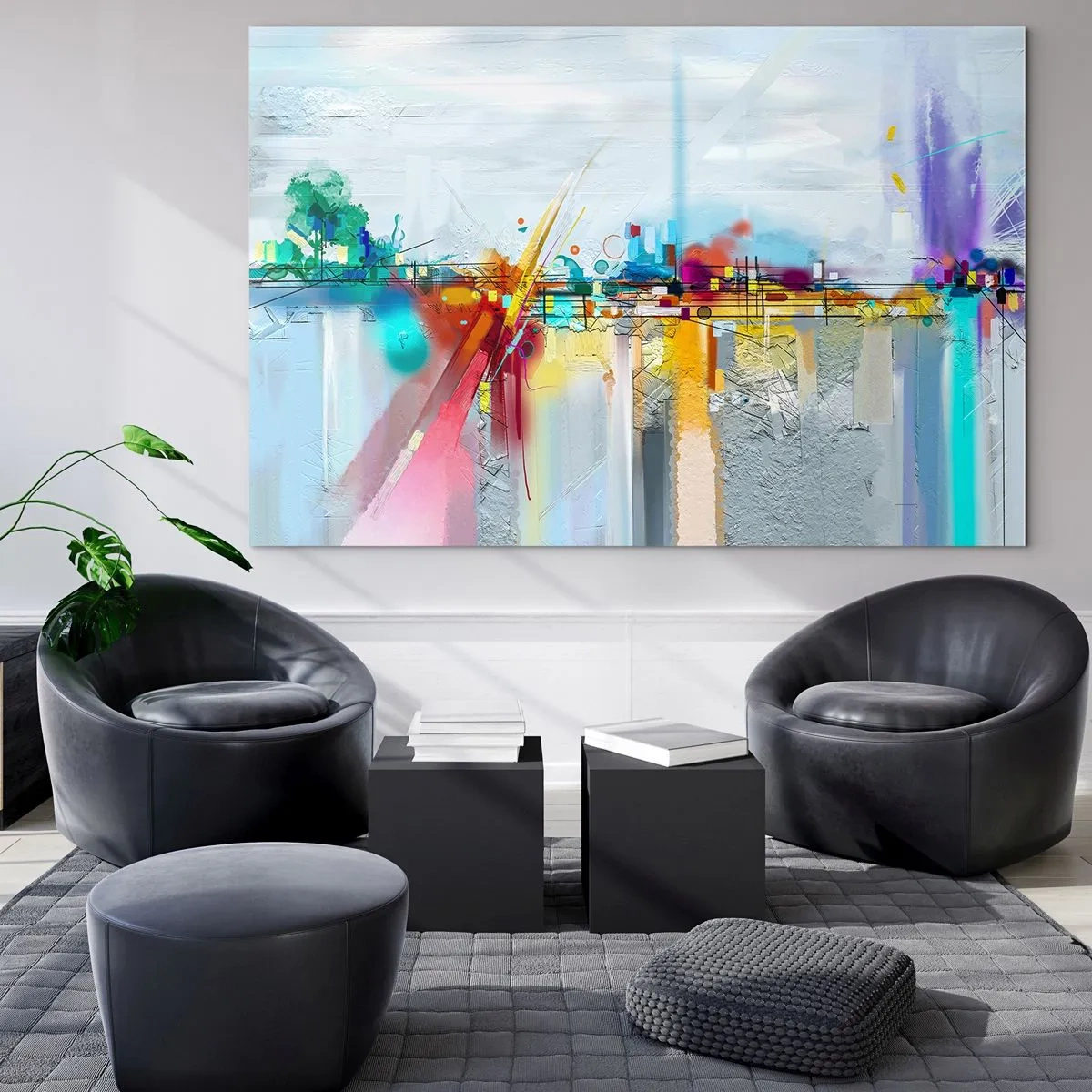 Cuadro sobre vidrio - Impresiones sobre Vidrio - Puente abstracto en colores vibrantes sobre un río con fondo pastel - 120x80cm - Un puente de alegría sobre el río de la vida - Decoración de pared moderna para salón y dormitorio ARTTOR