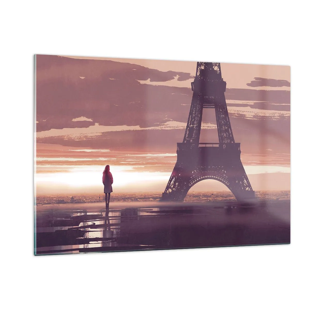Cuadro sobre vidrio - Impresiones sobre Vidrio - La Torre Eiffel al atardecer con la silueta de una persona. - 120x80cm - Sólo ellas dos - Decoración de pared moderna para salón y dormitorio ARTTOR