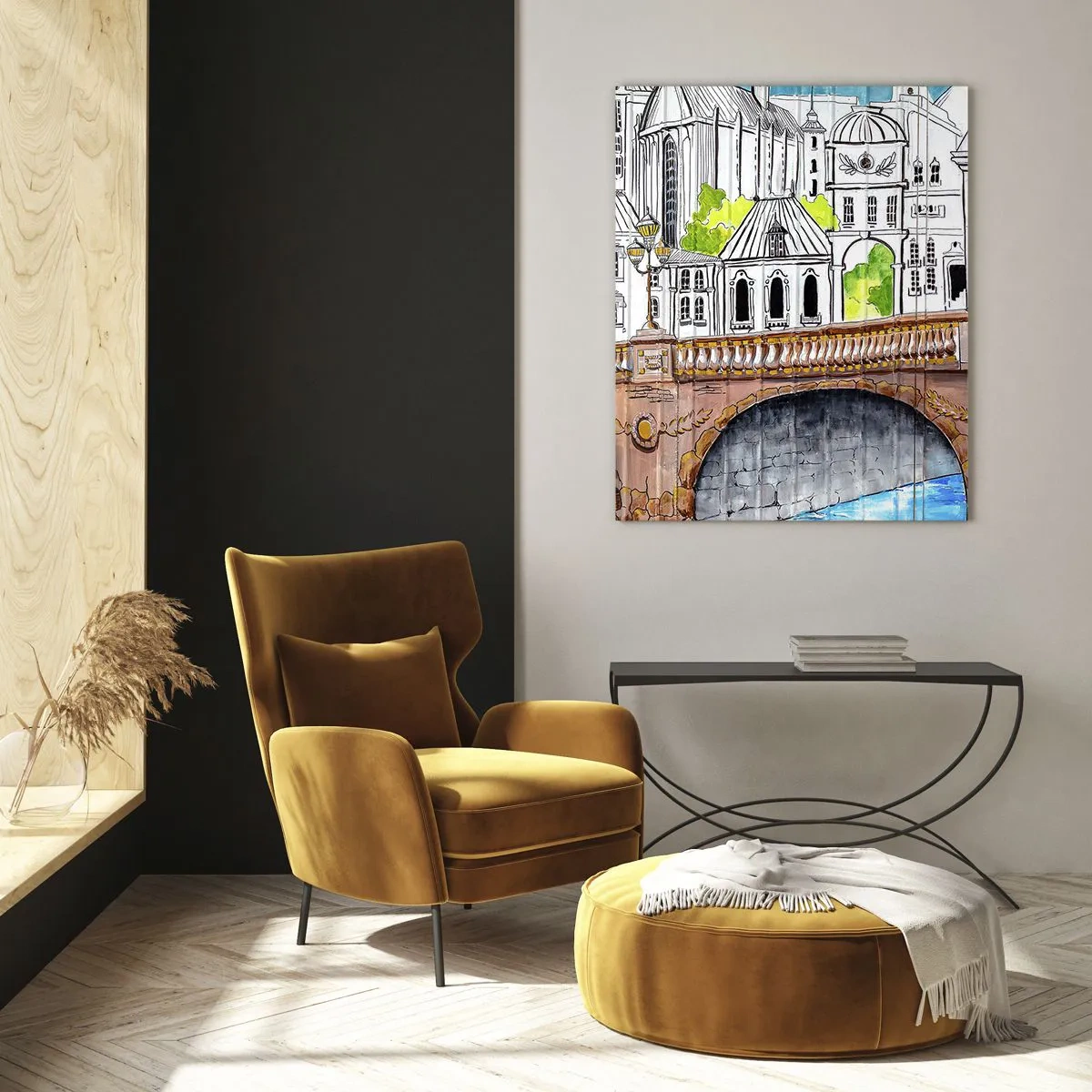 Cuadro sobre vidrio - Impresiones sobre Vidrio - El puente y la arquitectura urbana en forma de boceto de acuarela. - 50x70cm - Una ciudad de dibujo - Decoración de pared moderna para salón y dormitorio ARTTOR
