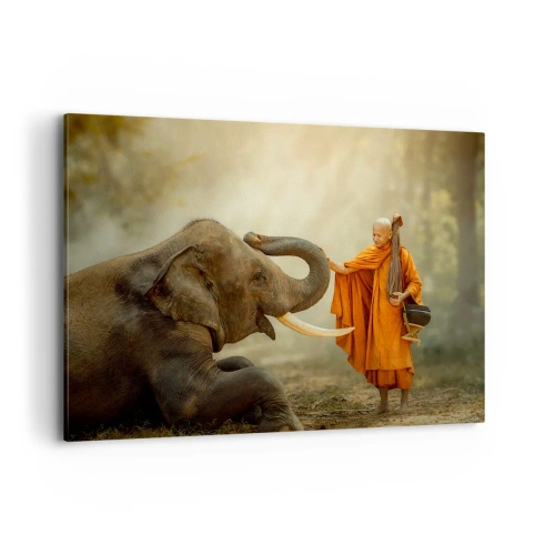 Cuadro sobre lienzo - Impresión de Imagen - Un monje y un elefante en armonía con la naturaleza como telón de fondo. - 100x70cm - Un encuentro en un viaje - Decoración de pared moderna para salón y dormitorio ARTTOR