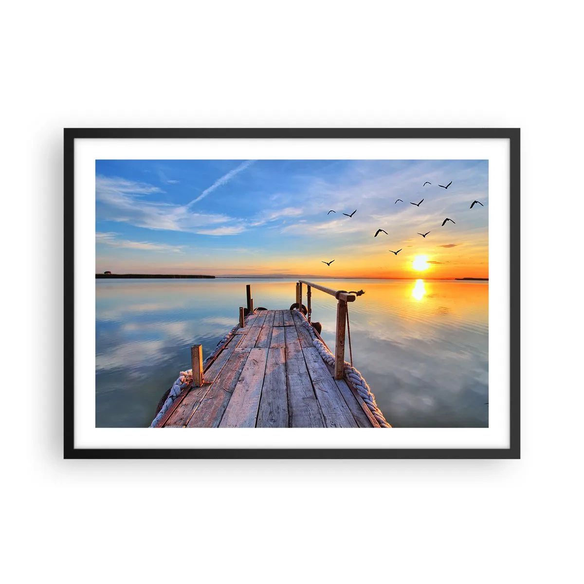 Póster en marco negro - Muelle de madera al atardecer en un lago tranquilo - 70x50cm - Caminando hacia el sol - Decoración de pared moderna para salón y dormitorio ARTTOR