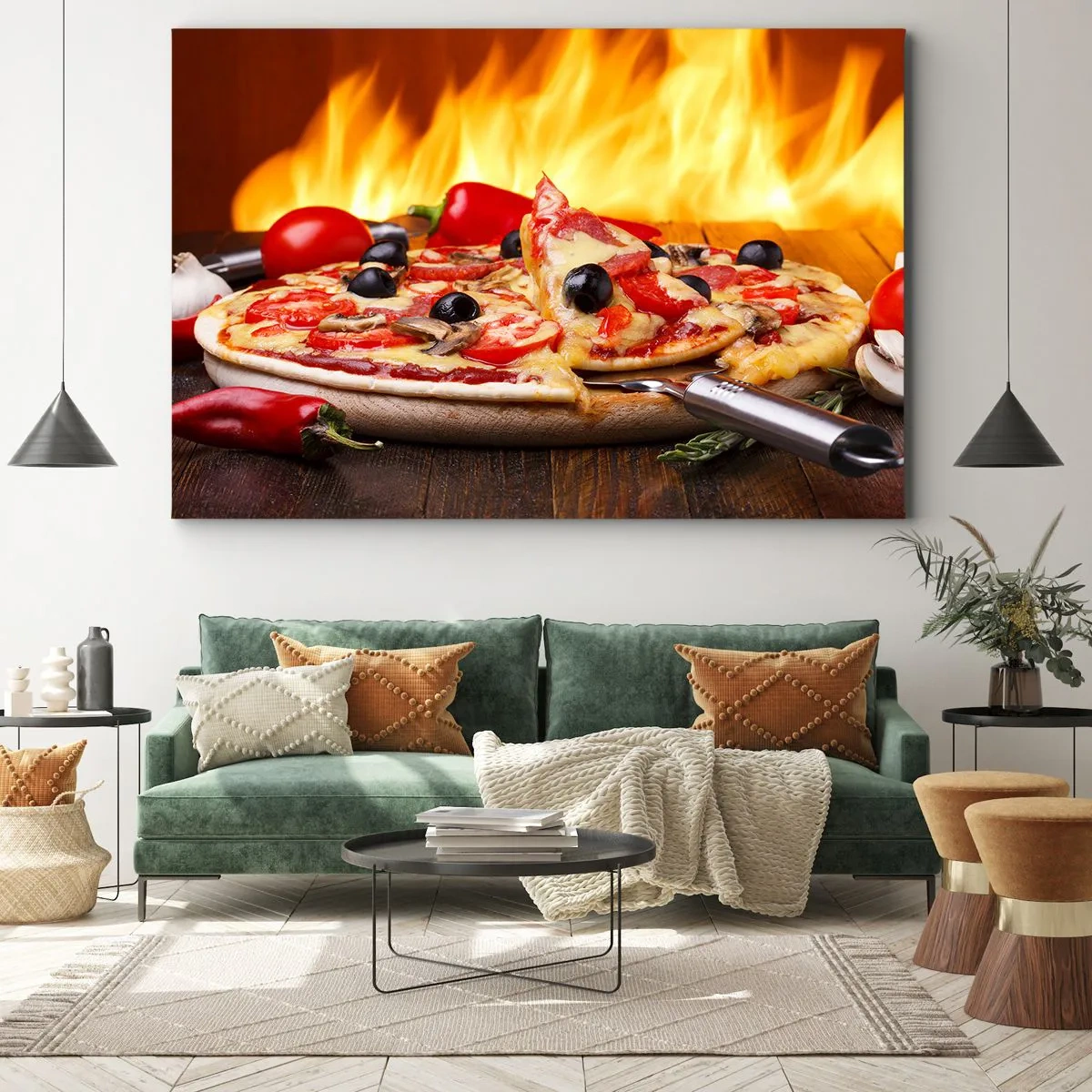 Cuadro sobre lienzo - Impresión de Imagen - Pizza con aceitunas, tomates y pimientos sobre un fondo de llamas - 70x50cm - Desde Italia con amor - Decoración de pared moderna para salón y dormitorio ARTTOR