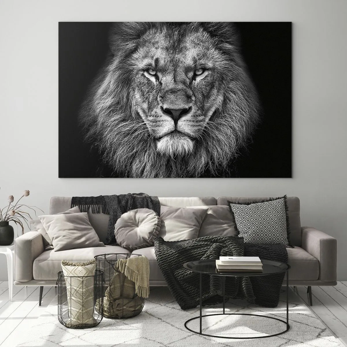 Cuadro sobre vidrio - Impresiones sobre Vidrio - Retrato de un león en blanco y negro con una melena majestuosa - 70x50cm - Con el atuendo de la coronación - Decoración de pared moderna para salón y dormitorio ARTTOR