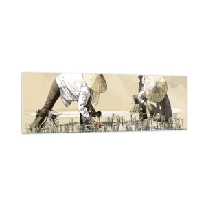 Cuadro sobre vidrio - Impresiones sobre Vidrio - Agricultores trabajando en un campo de arroz con sombreros tradicionales - 160x50cm - De una cosecha exitosa - Decoración de pared moderna para salón y dormitorio ARTTOR
