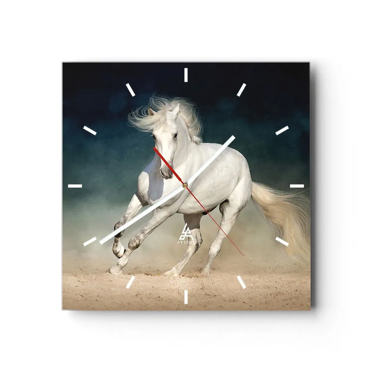 Reloj de pared - Reloj de vidrio - Un caballo blanco galopando contra un cielo borroso - 30x30cm - Libertad en estado puro - Decoración de pared moderna para salón y dormitorio ARTTOR
