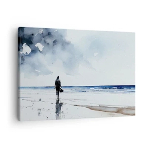 Cuadro sobre lienzo - Impresión de Imagen - Una figura en una playa en un entorno de mar tranquilo. - 70x50cm - Conversación con el mar - Decoración de pared moderna para salón y dormitorio ARTTOR
