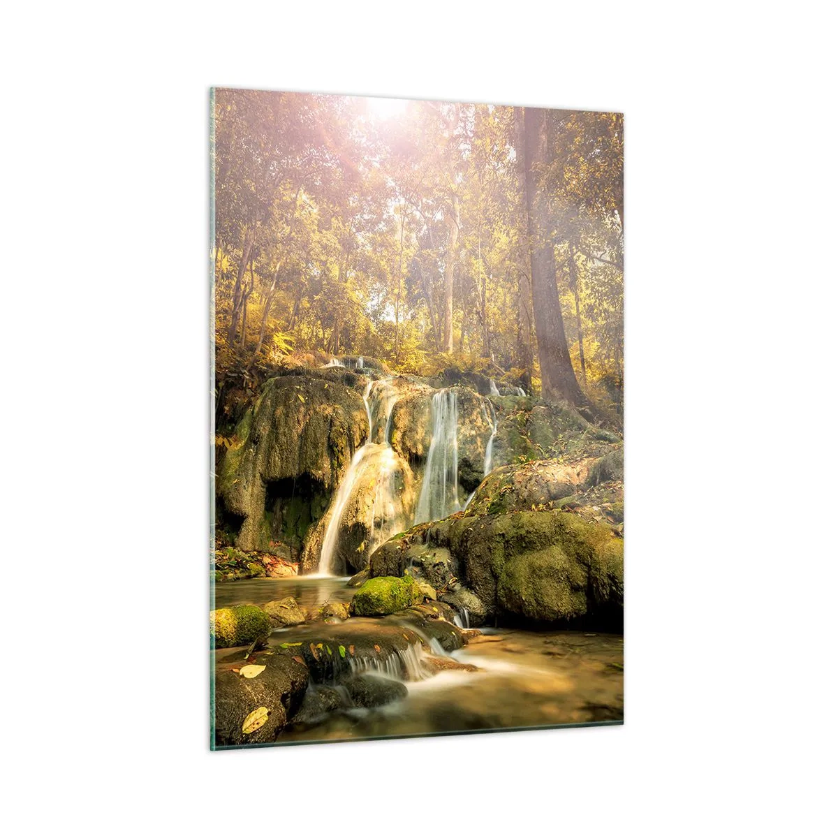 Cuadro sobre vidrio - Impresiones sobre Vidrio - Cascada forestal en la vegetación - 50x70cm - Cascada forestal en verde - Decoración de pared moderna para salón y dormitorio ARTTOR