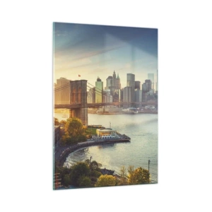 Cuadro sobre vidrio - Impresiones sobre Vidrio - Panorama de la ciudad de Nueva York con el puente de Brooklyn - 50x70cm - El amanecer de la gran ciudad - Decoración de pared moderna para salón y dormitorio ARTTOR