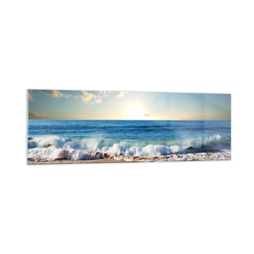 Cuadro sobre vidrio - Impresiones sobre Vidrio - Una playa soleada con olas rompiendo en la orilla. - 160x50cm - Movimiento y quietud al mismo tiempo - Decoración de pared moderna para salón y dormitorio ARTTOR