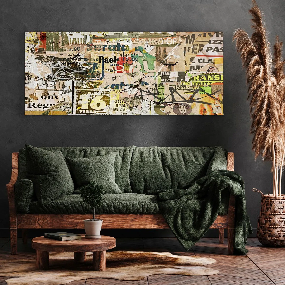 Cuadro sobre lienzo - Impresión de Imagen - Un collage de fragmentos de periódicos y carteles en estilo artístico. - 140x50cm - Oh, está sucediendo... - Decoración de pared moderna para salón y dormitorio ARTTOR