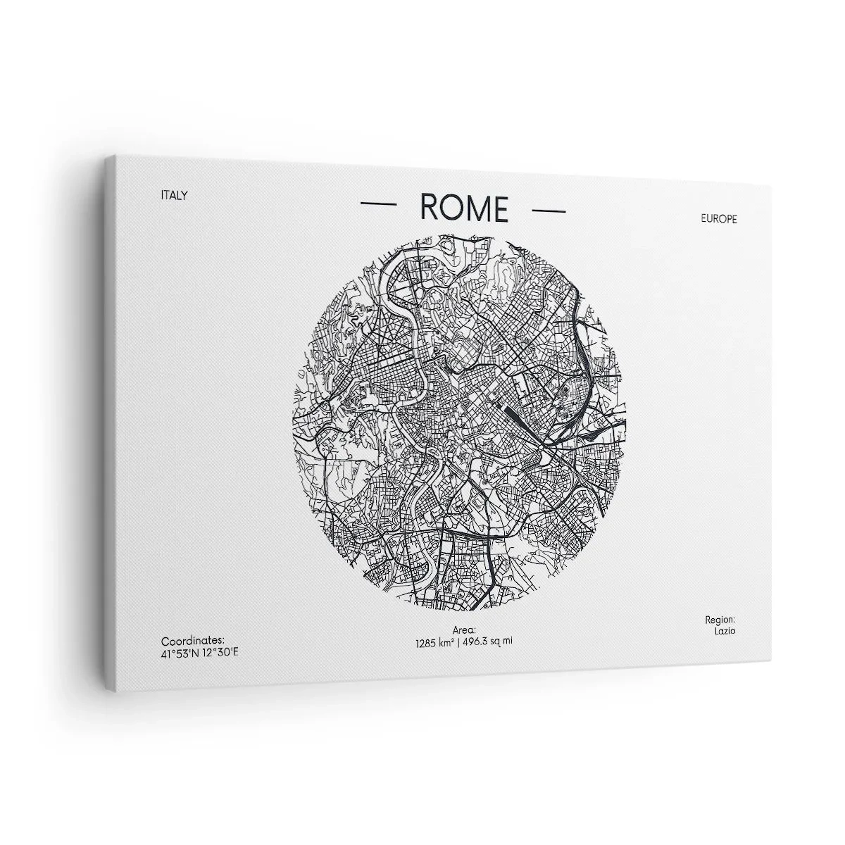 Cuadro sobre lienzo - Impresión de Imagen - Un mapa de Roma en estilo minimalista, en blanco y negro. - 70x50cm - Anatomía de Roma - Decoración de pared moderna para salón y dormitorio ARTTOR